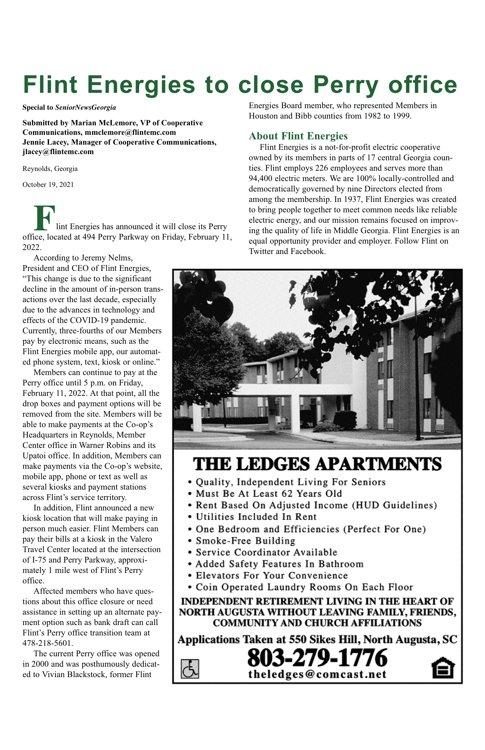 Flint Energies To Close Perry Office Senior NEWS